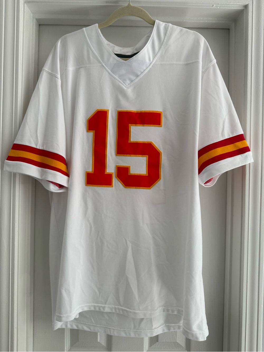 White Men's MAHOMES Athletic Jersey with Red and Gold Number 15